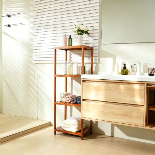 Teak Bathroom Shelf 4-Tier Wooden Storage Organizer for Kitchen Living Room