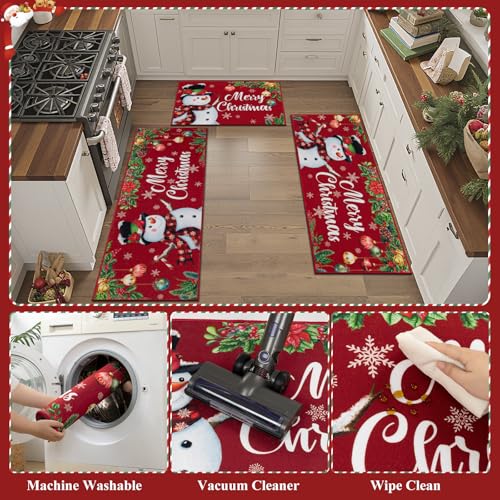 Ileading 3-Piece Christmas Kitchen Rug Set with Non-Slip Backing, 20x32, 20x48, 20x59 - Red Snowman