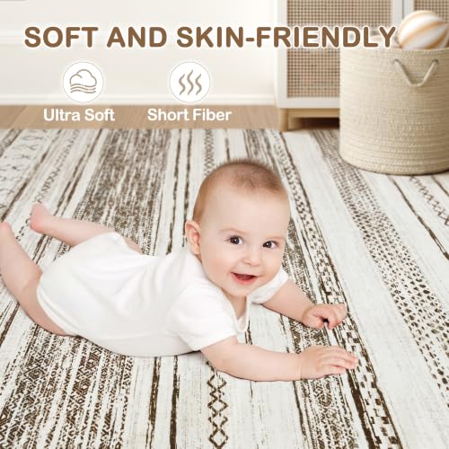 6x9 Washable Area Rug - Soft Neutral Boho Moroccan Floor Carpet for Living Room & Bedroom - Cream & Brown