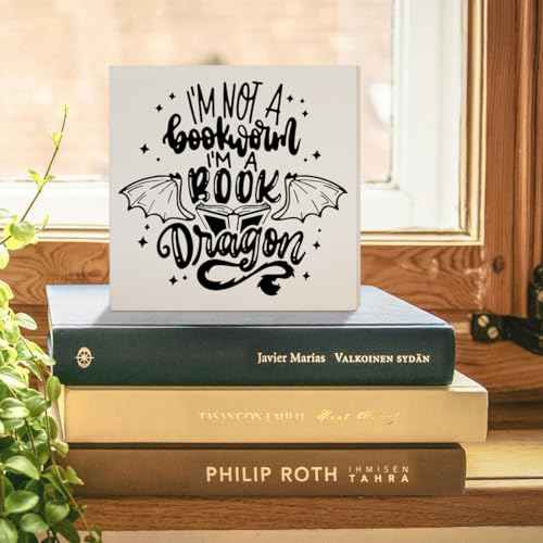 Book Lover Decor Wooden Box Sign, Reader Bookworm Bookish Desk Decoration Home Bedroom Office Bookshelf Decor, I'm A Book Dragon, Book Lover Nerd Librarian Gifts for Teens Women Men, White