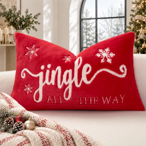 ZWJD 12x20 Inch Christmas Lumbar Pillow Cover with 3D Embroidery Faux Fur, Red