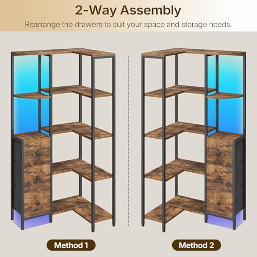 YATINEY Rustic Brown & Black 5-Tier Corner L-Shaped Bookshelf with Fabric Drawers
