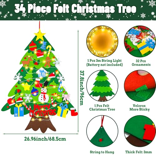 HKKYO DIY Felt Christmas Tree with Lights & Ornaments, 3.15FT Holiday Decor