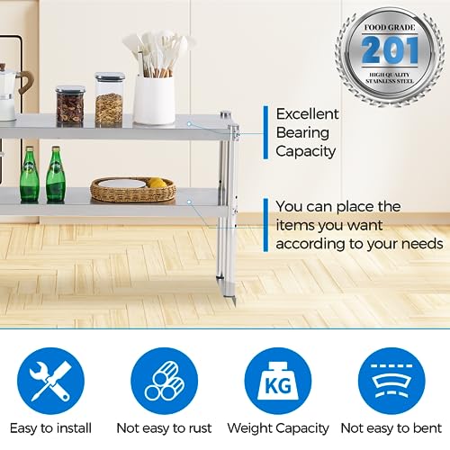 KUARBARR 12x48 Inch Stainless Steel OverShelf for Kitchen Prep Tables - Adjustable 2-Tier Commercial Steel Storage Rack