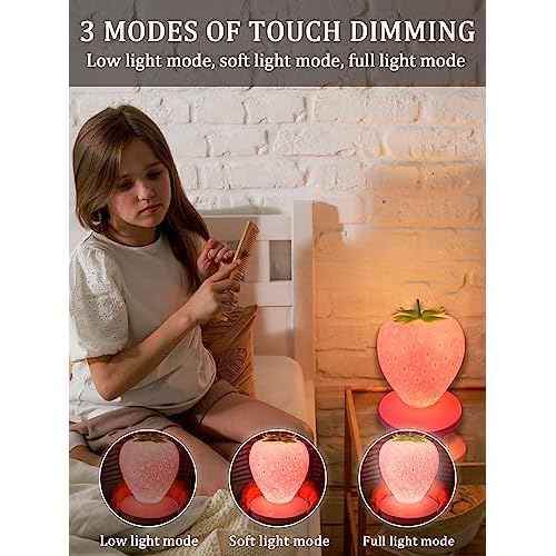 Strawberry Night Light, Cute Silicone Strawberry Lights Kawaii Room Decor, USB Rechargeable Bedside Lamp 3 Gear Touch Lighting, Cute Strawberry Gifts for Baby, Children, Toddlers, Teen Girls