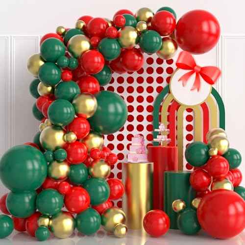 Christmas Balloons Garland Kit, 124pcs Red Green Gold Metallic Latex Balloons Arch for Christmas Party Decorations