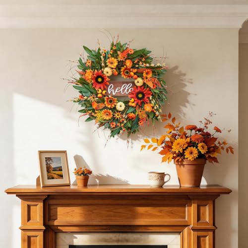Fall Sunflowers Wreath - 24 Inch Artificial Fall Front Door Decor with Hello Sign
