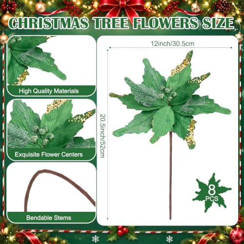 Giegxin Green 12-Inch Christmas Glitter Poinsettia Artificial Flowers - 8 Pack