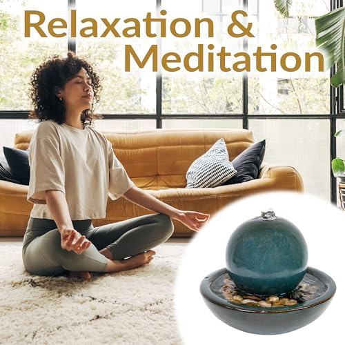 Sunnydaze Teal 7-Inch Ceramic Tabletop Fountain with Orb, Relaxing Water Sounds