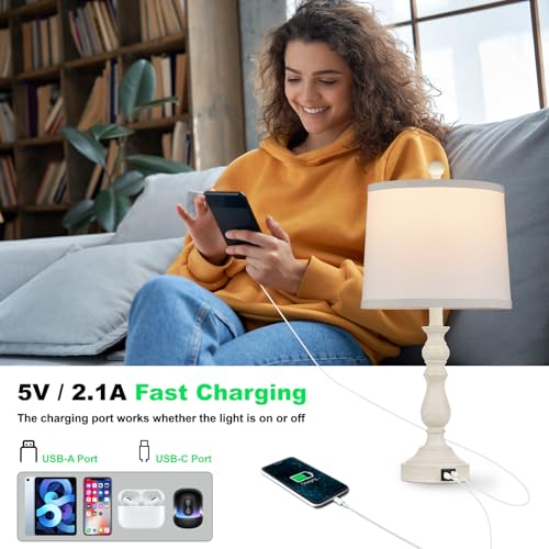 Leasgy 23'' Set of 2 Bedside Table Lamps with USB-C+A Ports, Beige, White & Grey Options