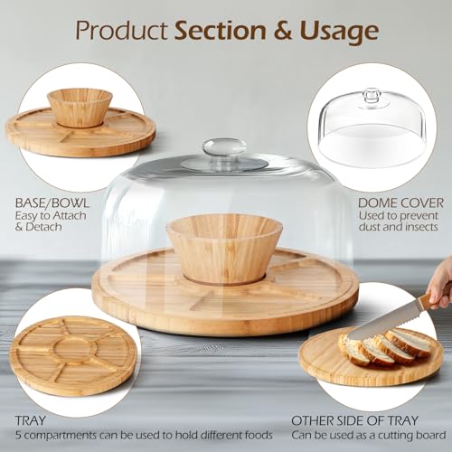 6-in-1 Wooden Cake Stand with Lid, Multi-Function Serving Plate
