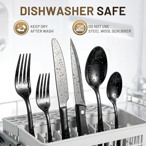 Black Silverware Set 72 Pieces for 12 - No Fading Steak Knives Flatware