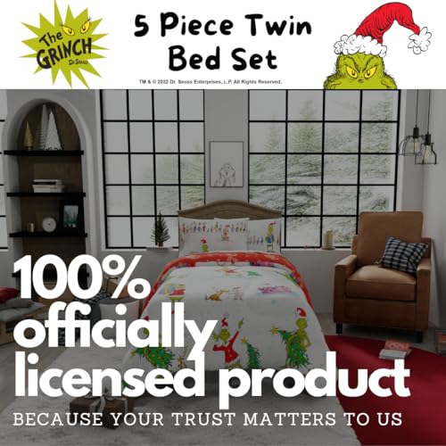 Franco Grinch Holiday Twin Bedding Set with Reversible Comforter, Sheets & Shams - White & Red