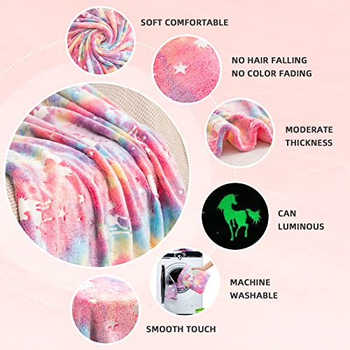 GOSALISU Glow in The Dark Blanket Unicorns, 50 x60 inch Luminous Blanket for 3 4 5 6 7 8 9 10 Year Old Girl Boy Gifts, Flannel Kids Throw Blankets for Christmas Birthday