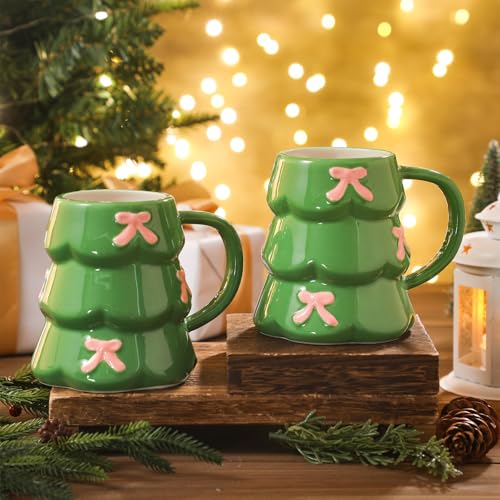 Didaey 18oz Christmas Tree Mugs Set – Green Ceramic Coffee Cups with Pink Bows