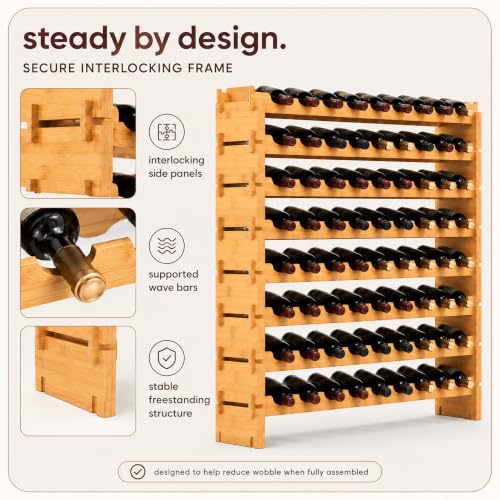 NutriChef 72 Bottle Wine Rack Stackable Bamboo Freestanding, 8-Tier