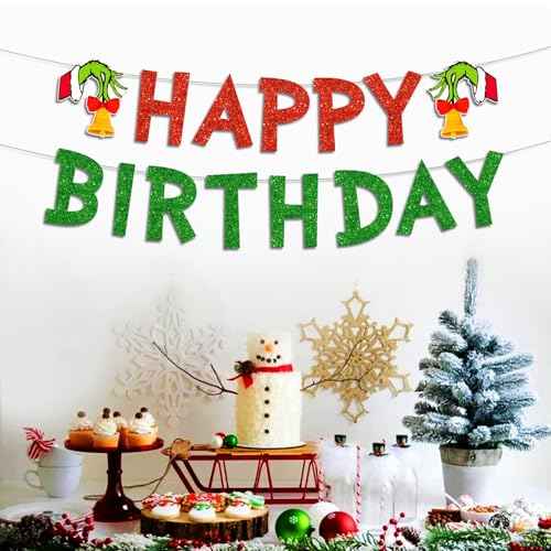 Merry Christmas Birthday Banner, No DIY, Glittery Happy Xmas Themed Party Decorations Red and Green December Party Supplies