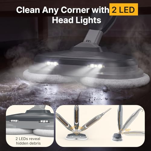 NEWBULIG Modern Grey Spin Steam Mop with 4 Cleaning Modes, LED Headlights & Large Water Tank - 14.4" x 6.6" x 47.2"