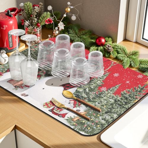 Findosom Red Snowman Christmas Dish Drying Mat 16x24 Inches - Holiday Kitchen Decor