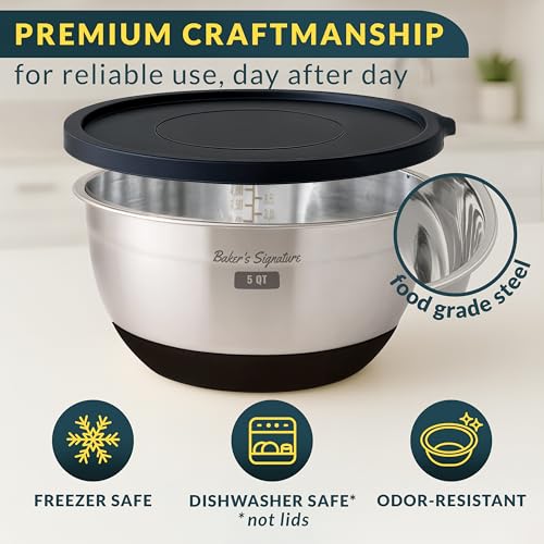 Black Stainless Steel Mixing Bowls Set of 5 with Lids & 3 Graters - Durable Kitchen Prep