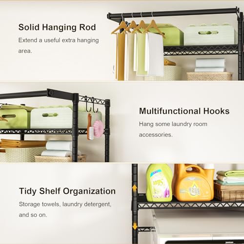 Ulif U11 Mini Black Laundry Shelving Unit with 3 Tiers & Hanging Rod
