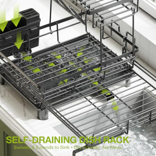 Large Black 2-Tier Expandable Dish Drying Rack for Kitchen Counter - Space Saving