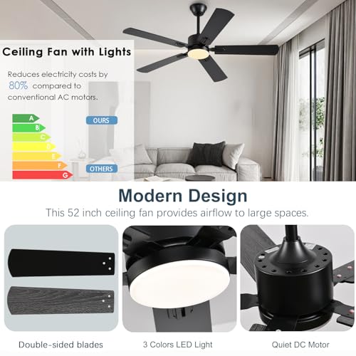 FUMLTP 52-Inch Black Ceiling Fan with Lights Remote & App Control