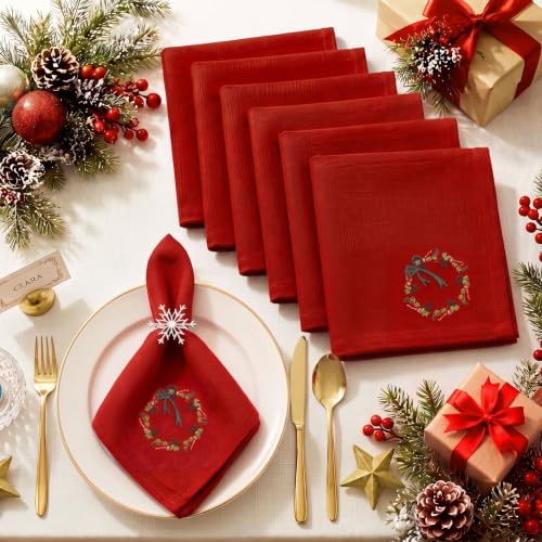 SmoothNovelty 6 Pcs Christmas Wreath Linen Napkins - Red Embroidered 18x18