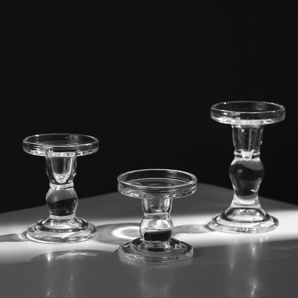 Skiennix Crystal Glass Candle Holders - Elegant Clear Pillar Taper Design for Weddings & Events | Small Size