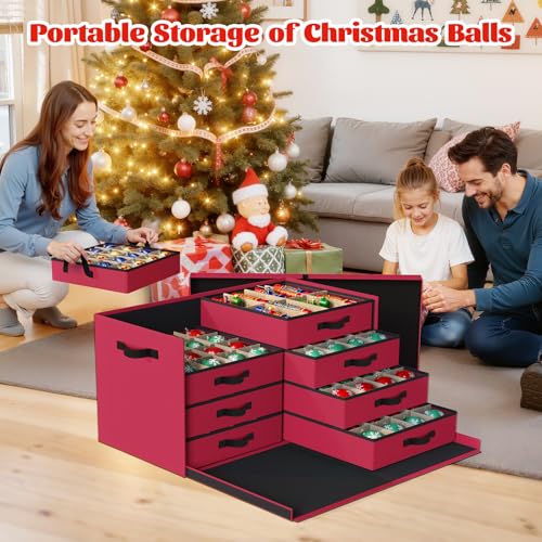StorageRight Red Christmas Ornament Storage Box with 8 Trays & Adjustable Dividers