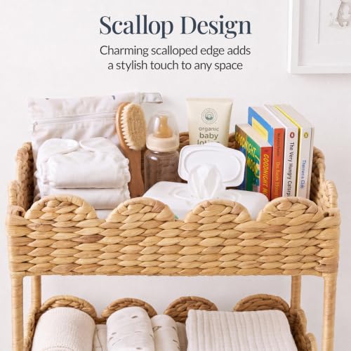 Natural 3-Tier Scalloped Nursery Caddy with Wheels - Handwoven Water Hyacinth Storage Cart