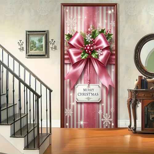Christmas Door Cover Christmas Pink Bow Holly Hanging Banner Backdrop Gift Box Photography Background Holiday Door Hanging Cover Door Cover Banner for Xmas Holiday New Year 71X35 Inch