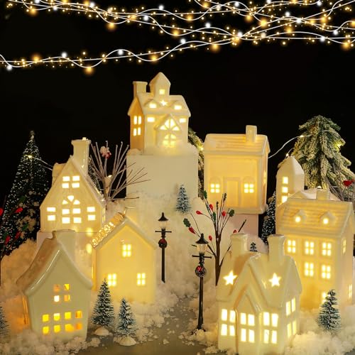 Tioncy 26-Piece Ceramic Christmas Village Set with Trees, Lights & Decor