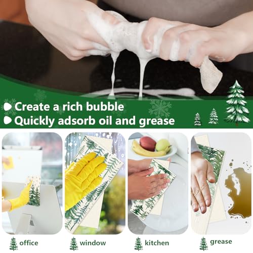 Christmas Watercolor Forest Pine Tree Kitchen Towels - 6 Pack, Reusable Cotton Dishcloths