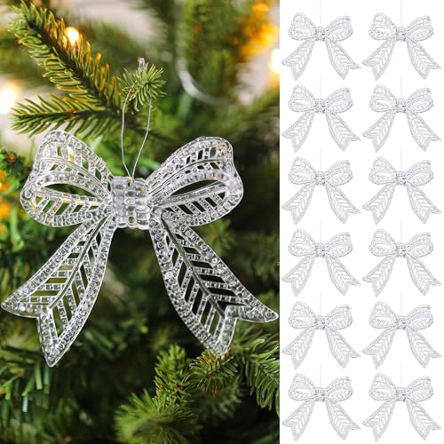 Crystal Bow Ornaments for Christmas Tree - Transparent Acrylic Holiday Decor, 18 Pack