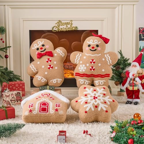 Lanpn Christmas Gingerbread Boy Pillow - Seasonal Decorative Throw Cushion, 15.2x18.3 inch, Soft Fleece, Xmas Home Decor, Variation 01 Boy