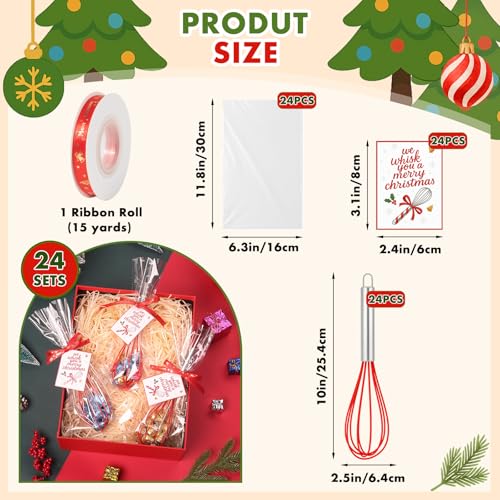 24PCS Christmas Red Silicone Whisks Gift Set with Greeting Cards & Ribbons - 10 Inch