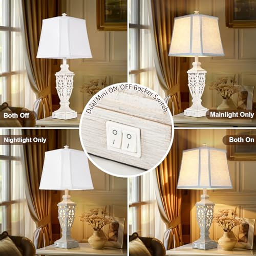 Cream White Resin Table Lamp with Night Light & USB Charging Ports - 28.5 Inch