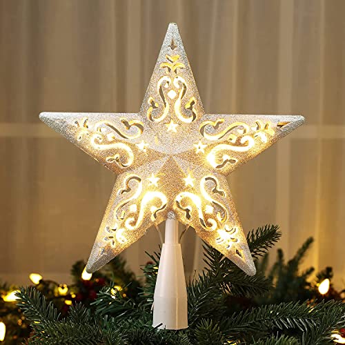BrizLabs 3D Silver Star Topper 8” with 10 Lights - Lighted Christmas Tree Treetop