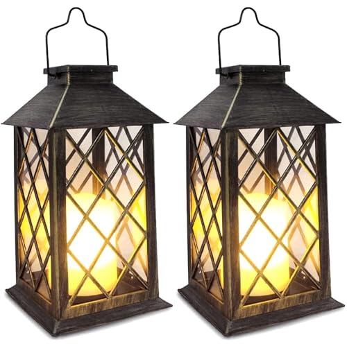Bronze 14'' Solar Lanterns 2 Pack Waterproof Tempered Glass Outdoor Decor