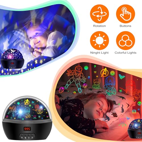 MOKOQI Kid Superhero Night Light Projector with Black Frame, Star & superhero film options