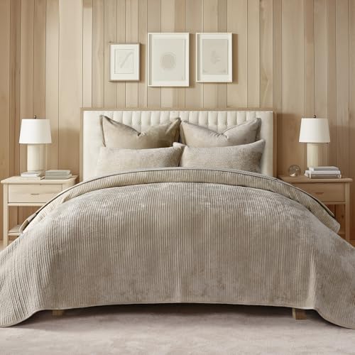 EverGrace Full/Queen Velvet Quilt Set with Channel Design - Urban Taupe, 90x92"