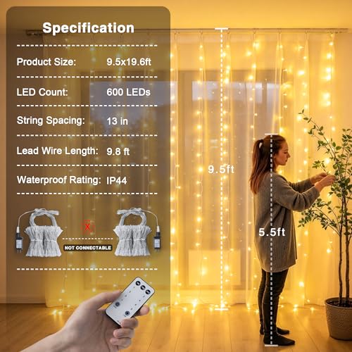 Warm White 600 LED Curtain String Lights 9.5ft x 19.6ft for Bedroom & Events