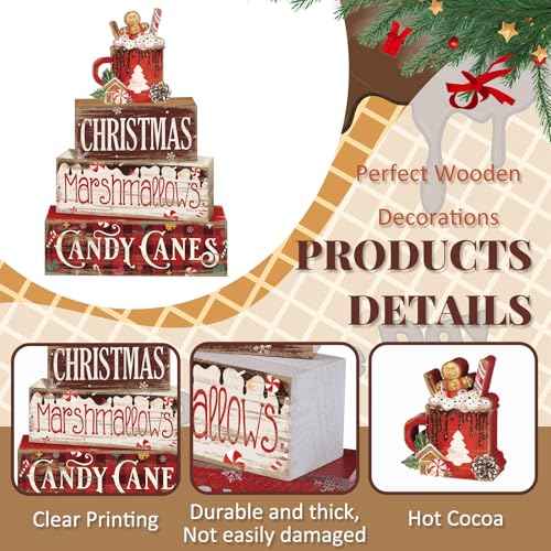 4 Pcs Christmas Hot Cocoa Table Decor Christmas Wooden Decorative Signage Hot Cocoa Tiered Tray Decor Xmas Centerpieces Farmhouse Wooden Block Set Xmas Table Sign for Home