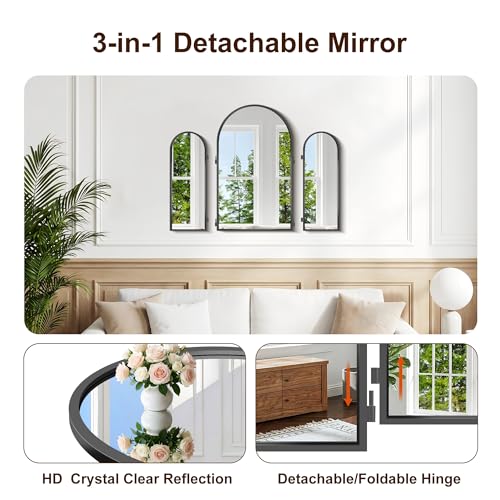 Black 30x36 Inch Tri-Fold Arched Vanity Mirror Wall Mount for Makeup & Hair