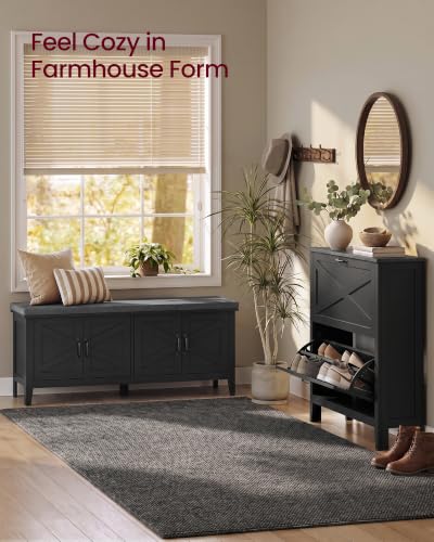 VASAGLE Farmhouse Entryway Shoe Bench with Cushion, 47.2-Inch Ink Black & Slate Gray