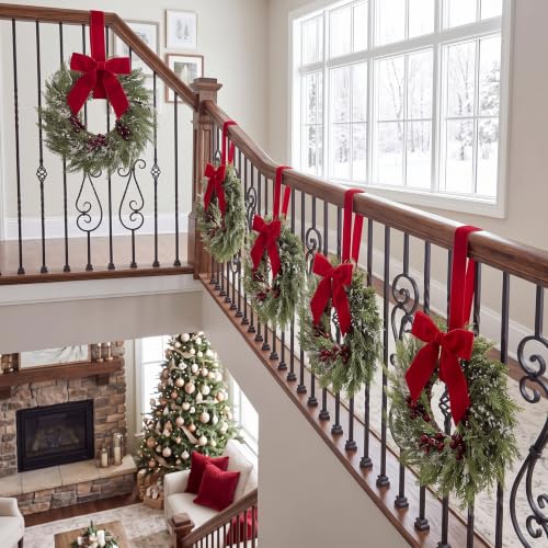 6 Pack 15-Inch Mini Christmas Wreaths for Kitchen Cabinets with Red Bows