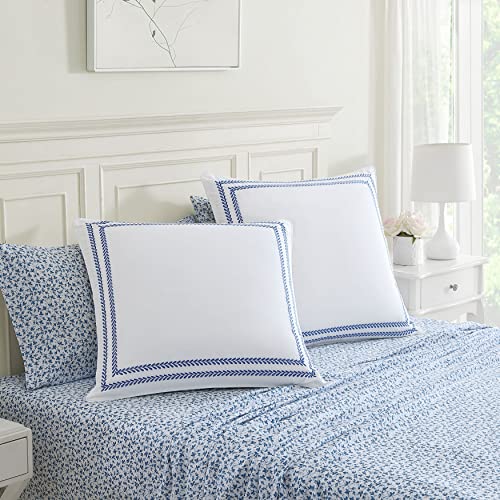 Laura Ashley 2 Pack European Cotton Shams with Embroidered Vine - Stitched Vine Dark Blue