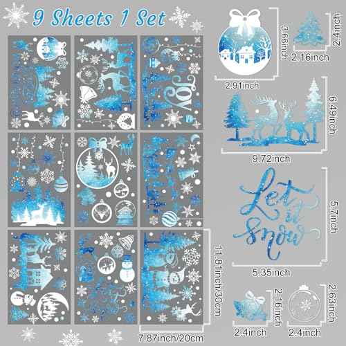 Cinrobiye 172Pcs Christmas Snowflake Window Clings Winter Wonderland Decal Stickers Let it Snow Reindeer Snowman Window Seasons Decals for Elk Snowball Holiday Home Kitchen Living Room,9 Sheets