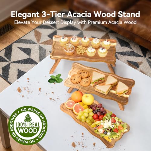 QAUUQQ Acacia Wood 3-Tier Cupcake Stand Foldable Dessert Serving Tray for Parties